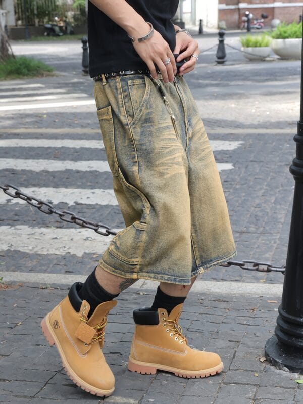 product-fancy-0c9e35cf-c593-4ca1-b42c-47f694b89379 1pc American Multi-Pocket Loose Fit Men's Distressed Denim Cargo Shorts, Streetwear Design