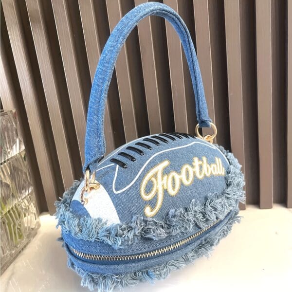 product-fancy-0ce8cc8d-9ae5-4f7c-9558-d347fe10ca7e Denim Football-Shaped Handbag with Fringe and Adjustable Strap - Blue, Casual Style, Zip Closure, PU Lining - Perfect for Football Fans