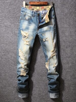 Men'S Distressed Straight-Leg Faux Denim - Non-Stretch Faux Denim Pants with Ripped Details, Classic Five-Pocket Design for Everyday & Formal Outfits - Autumn Streetwear Essential (Non-Stretchy Faux Denim), Casual Wear, Trendy Streetwear, Washed Faux Denim Look