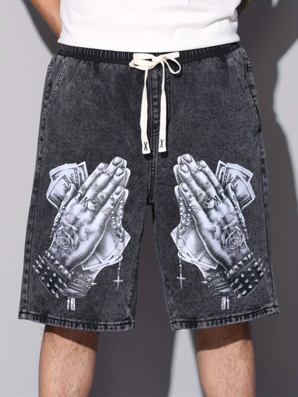 American Street Style Denim Shorts with Print, Elastic Waistband And Drawstring Design, Wide Leg Half-Length Pants for Men And Women, Loose Fit Without Belt/Without Pendants