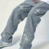 Men's Loose Straight-Leg Jeans with Cross Design - Distressed Denim Casual Pants, Machine Washable All-Season Comfort Fit