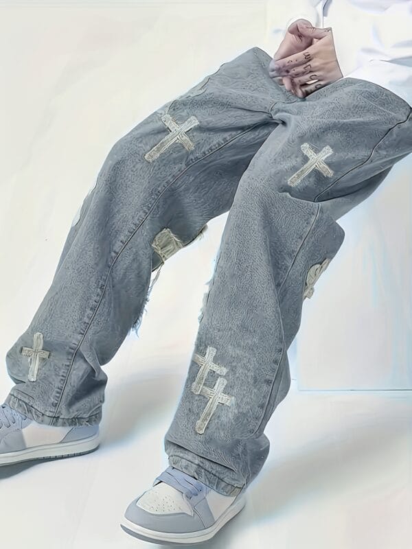 Men's Loose Straight-Leg Jeans with Cross Design - Distressed Denim Casual Pants, Machine Washable All-Season Comfort Fit