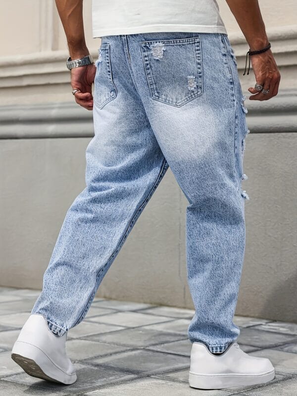 Men'S Casual Distressed Faux Denim Faux Denim - Relaxed Fit Water-Washed Ripped Detailing, Non-Stretch Durable Fabric, All-Season Versatile Style for Casual Attire, Comfortable Fashion, Classic Blue Wash, Quality Craftsmanship