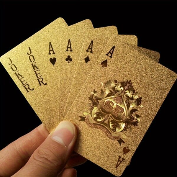 product-fancy-135a1093-e6d4-46f0-947f-274ffc7257a4 Golden Waterproof Plastic Playing Cards - Elegant Golden Foil Design with Ornate Spade & Heart Motifs for Poker, Bridge, Rummy - Durable Deck for Home Game Nights & Professional Play, Playing Cards Deck
