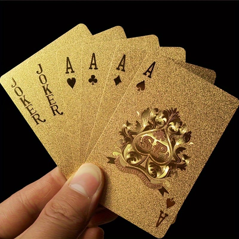 Golden Waterproof Plastic Playing Cards - Elegant Golden Foil Design with Ornate Spade & Heart Motifs for Poker, Bridge, Rummy - Durable Deck for Home Game Nights & Professional Play, Playing Cards Deck