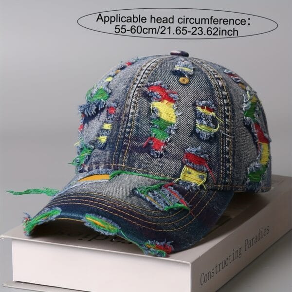 product-fancy-137bb14b-9925-477c-9b16-df0f5ab83634 Retro Distressed Washed Denim Baseball Cap - Adjustable Snapback Korean Street Fashion Hat with Random Torn Holes, Breathable Summer Sun Hat for Men & Women