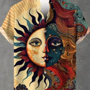 Men's Summer Short Sleeve 3D Print Shirt - Vibrant Sun & Moon Design, Casual Button-Up, Machine Washable, No Stretch Fabric, Ethnic Style, Warm Weather Clothing, Artistic Sun Moon Design, Nontransparent Material