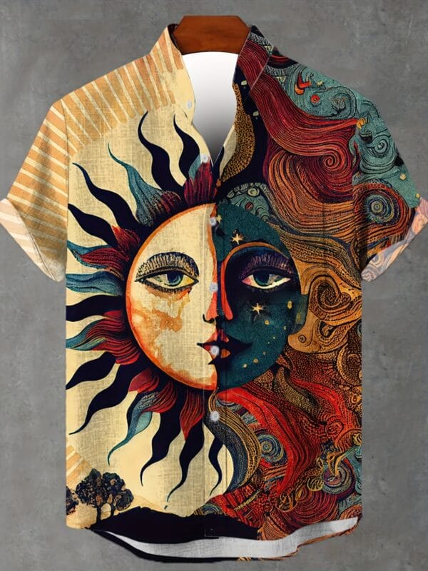 Men's Summer Short Sleeve 3D Print Shirt - Vibrant Sun & Moon Design, Casual Button-Up, Machine Washable, No Stretch Fabric, Ethnic Style, Warm Weather Clothing, Artistic Sun Moon Design, Nontransparent Material