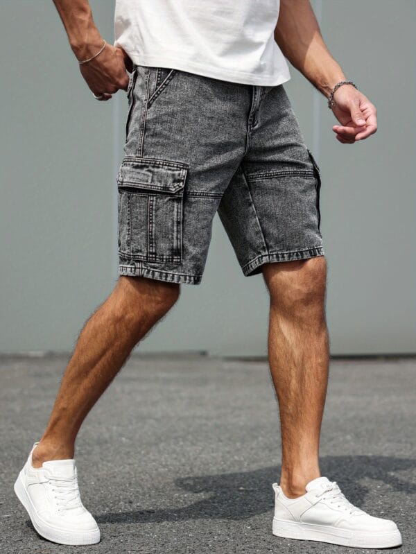 Men's Non-Stretch Jeans Shorts - Multiple Utility Pockets, Straight-Leg Non-Stretchy Fit, Machine Washable Everyday Casual Streetwear Shorts in Classic Black/Gray for Urban Outfits, Relaxed Outfit, Knee Length Design, Durable Fabric, Versatile Clothing, Minimalist Fashion, Sturdy Construction, Young Adults
