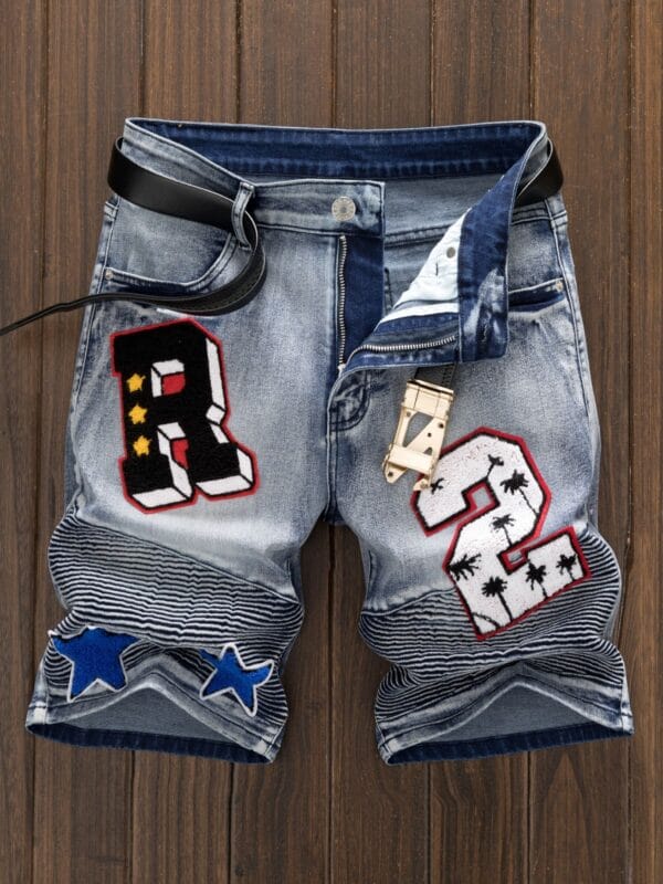 Men's Vintage Streetwear Jeans - Distressed denim with R, Belt Loop Pocket - Skinny Fit (Machine Washable) - Urban Casual Shorts for Concerts, Parties, Casual Attire - Non-See-Through Fabric, Concert Attire, Patchwork Design, Durable Stitching, Fashionforward Men