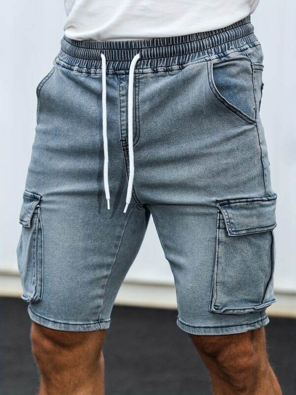 Men'S Casual Denim Shorts with Drawstring Waist, Multiple Pockets, and Button Closure - Light Blue, Regular Fit, Medium Stretch, Summer Casual Wear, Casual Summer Wear | Button Closure Shorts | Medium Stretch Fabric