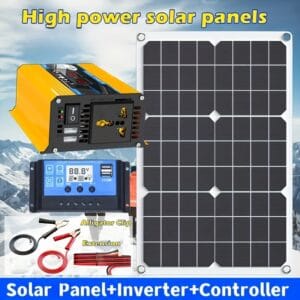 Solar system kit, 12V solar panel+300W DC12V to AC220V power inverter+12V/24V solar controller, dual USB fast charging car inverter, mobile phone charger, outdoor power supply