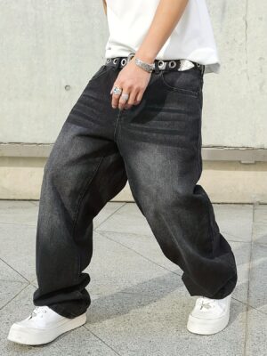 1pc Men'S Loose Fit Denim Jeans - Black Streetwear Style, Non-Stretch Fabric, All-Season Casual Wear, Beltless Design with Pockets, Casual Streetwear|Loose Fit Jeans|Woven Denim