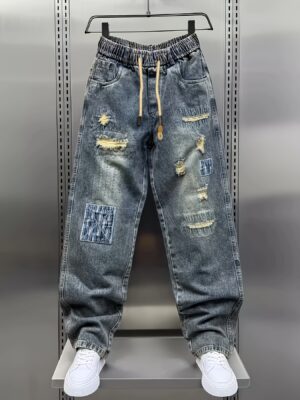 Men'S Casual Loose Fit Jeans - Distressed Denim with Drawstring Waist, Multiple Pockets, All-Season Comfort, Casual Attire|Distressed Jeans|Comfortable Jeans