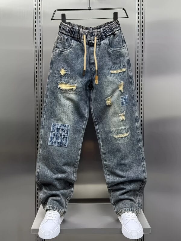 Men'S Casual Loose Fit Jeans - Distressed Denim with Drawstring Waist, Multiple Pockets, All-Season Comfort, Casual Attire|Distressed Jeans|Comfortable Jeans