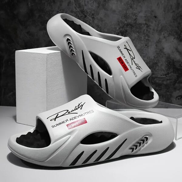 Mrs Hui Men's Summer Casual Beach Sandals - Slip-On Anti-Slip EVA Slippers with Massage Design, Black & Orange Stripes, Lightweight Durable for Outdoor, Poolside & Casual Wear, Beach Shoes, Outdoor Footwear, Sleek Slipon, Comfortable LiningSuitable for men & women