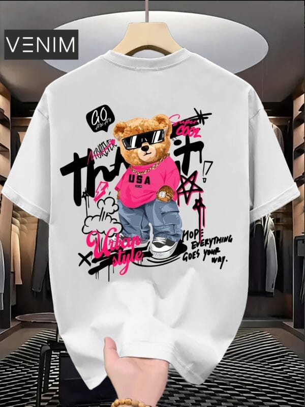 product-fancy-19a59caf-1a3c-469c-9da8-9b123cbf6fc3 Men'S Trendy T-Shirt with Cute Bear Print, Casual Loose Short Sleeve Tee for Daily Wear, Outdoor Activities & Shopping Gatherings, Soft Polyester