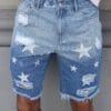 product-fancy-19f8ba2d-43fc-44e2-9593-754a168f3891 Men'S Streetwear Summer Denim Shorts - Vibrant Star & Frayed Hem Print, Elastic Waistband with Pockets, Light Blue Washed Jean Style Casual Shorts for Casual Attire, Casual Attire Shorts | Vibrant Print Shorts | Nonstretch Fabric