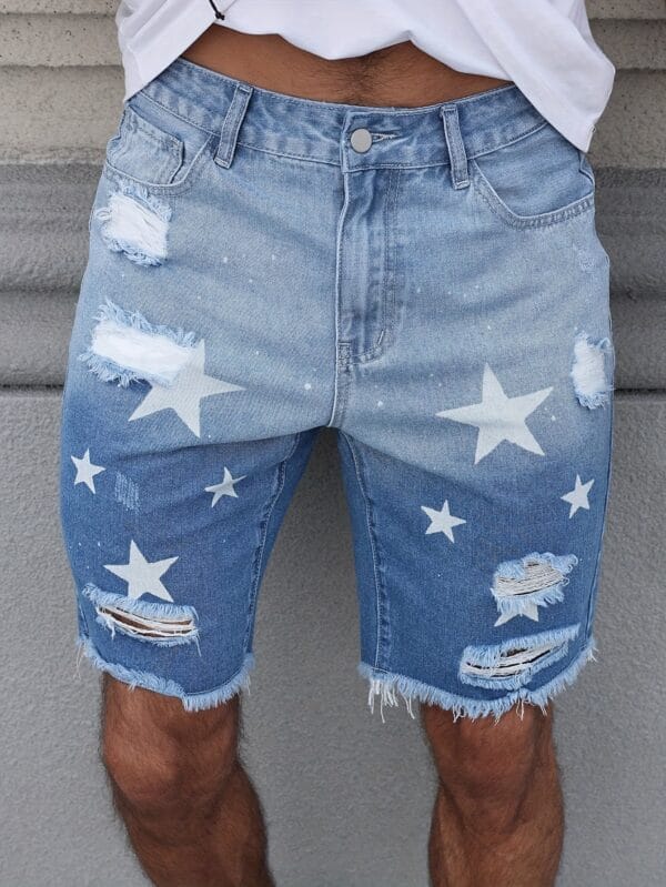 product-fancy-19f8ba2d-43fc-44e2-9593-754a168f3891 Men'S Streetwear Summer Denim Shorts - Vibrant Star & Frayed Hem Print, Elastic Waistband with Pockets, Light Blue Washed Jean Style Casual Shorts for Casual Attire, Casual Attire Shorts | Vibrant Print Shorts | Nonstretch Fabric