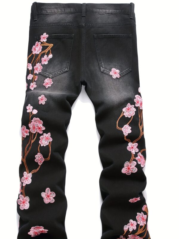 Cross-border New Men's European and American Street Fashion Loose Wide-Leg Non-Stretch Floral Embroidery Denim Flare Pants