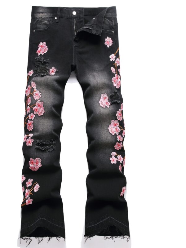 Cross-border New Men's European and American Street Fashion Loose Wide-Leg Non-Stretch Floral Embroidery Denim Flare Pants