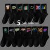 20 Pairs, 10 Pairs, 5 Pairs - Random Color Letter Print Socks, Stylish Mid-Calf Athletic Socks for Basketball, Outdoor & Casual Wear, Polyester Knit Fabric, Hand Washable, Everyday Socks | Vibrant Sock Design | Comfortable Fit