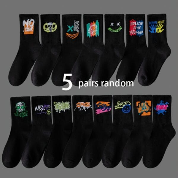 20 Pairs, 10 Pairs, 5 Pairs - Random Color Letter Print Socks, Stylish Mid-Calf Athletic Socks for Basketball, Outdoor & Casual Wear, Polyester Knit Fabric, Hand Washable, Everyday Socks | Vibrant Sock Design | Comfortable Fit