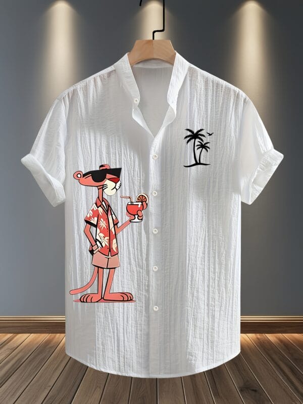 Men'S Summer Casual Beach Shirt - Lightweight Breathable Polyester-Spandex Blend Short Sleeve Top with Orange Cartoon Leopard Pattern and Tropical Drink Print, Stand Collar Design, Machine Washable, Perfect for Pool Parties and Beach Vacations