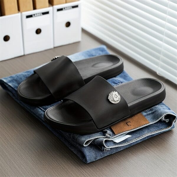 Men's Slip-On Sandals with Skull Buckle Design - Lightweight PVC Upper & EVA Sole, Anti-Slip Comfort for Beach, Casual, Indoor/Outdoor Use - All-Season Black Unisex Slippers