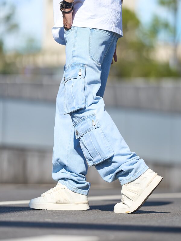 Men's Relaxed Fit Straight-Leg Cargo Jeans - Mid-Length Workwear Style with Multiple Utility Pockets, Solid Color Denim, Machine Washable Casual Pants for All-Season Comfort, Straight Leg Jeans, Allseasons Attire, Nonstretch Denim