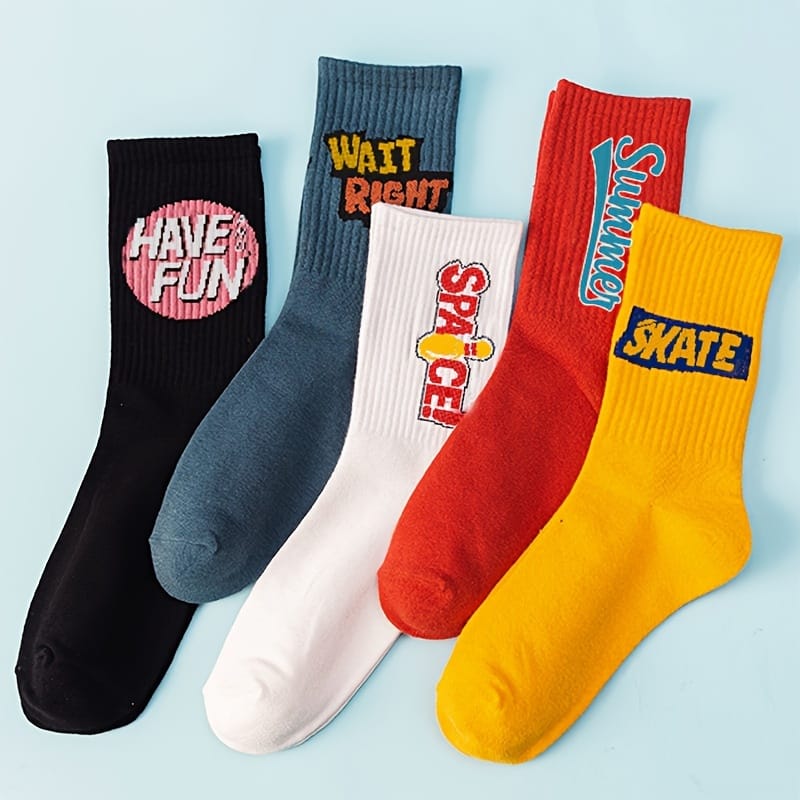 5 Pairs Men'S Elastic Ribbed Cuff Socks - Bold Letter Graphic Print, All-Season Comfort, Multi-Color Options for Casual & Formal Wear, Hand Wash Only, Versatile Sock Styles, Trendy Sock Designs, Comfortable Sock Material, Everyday Essentials, Modern Sock Design, Breathable Fabric, Unisex Socks, Fashion Enthusiasts