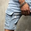 Men'S Light Blue Distressed Faux Denim Shorts - Classic Five-Pocket Design, Stretch Faux Denim for Everyday & Formal Outfits - Casual Streetwear Essentials, Faux Denim Shorts, Relaxed Fit, Ripped Detailing, Comfortable Wear, Street Style, Vintage Aesthetic, Durable Fabric, Young Adults