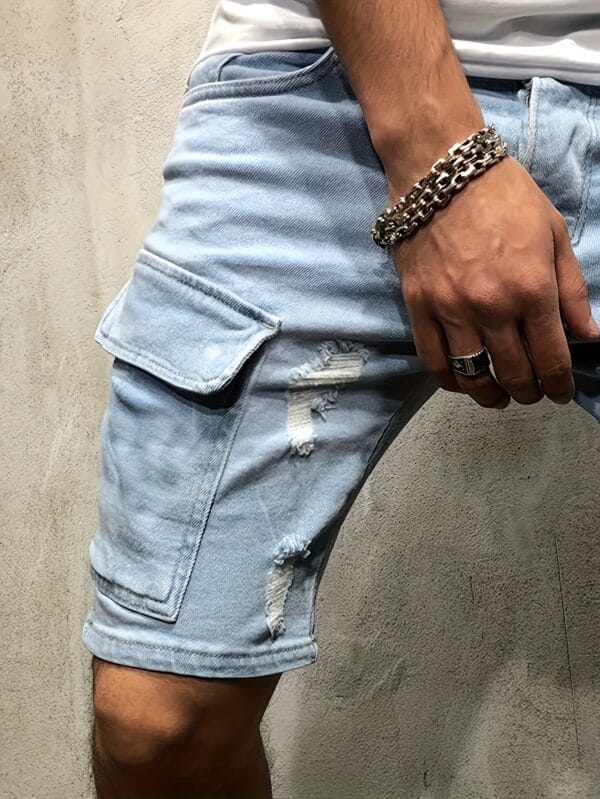 Men'S Light Blue Distressed Faux Denim Shorts - Classic Five-Pocket Design, Stretch Faux Denim for Everyday & Formal Outfits - Casual Streetwear Essentials, Faux Denim Shorts, Relaxed Fit, Ripped Detailing, Comfortable Wear, Street Style, Vintage Aesthetic, Durable Fabric, Young Adults
