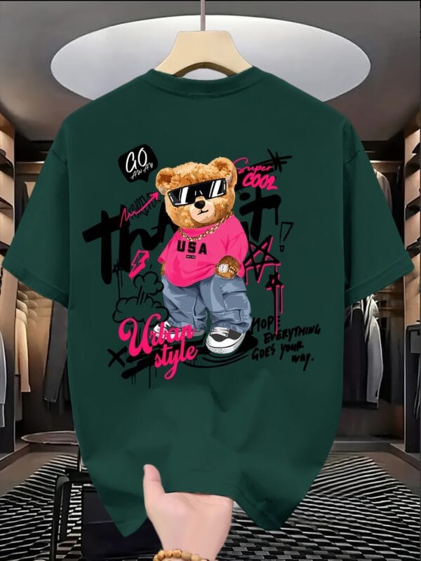 product-fancy-1f651df8-5e5b-4252-9649-223b06e20547 Men'S Trendy T-Shirt with Cute Bear Print, Casual Loose Short Sleeve Tee for Daily Wear, Outdoor Activities & Shopping Gatherings, Soft Polyester