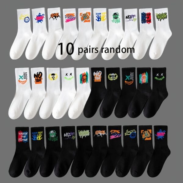20 Pairs, 10 Pairs, 5 Pairs - Random Color Letter Print Socks, Stylish Mid-Calf Athletic Socks for Basketball, Outdoor & Casual Wear, Polyester Knit Fabric, Hand Washable, Everyday Socks | Vibrant Sock Design | Comfortable Fit