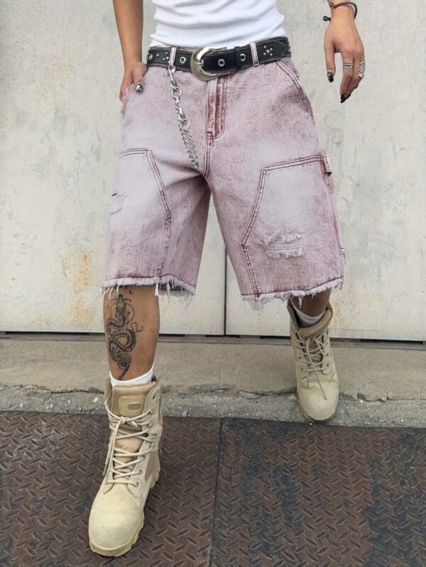 Men's Loose Fit Distressed Denim Shorts with Raw Hem & Flap Pockets - Knee-Length Street Style, No Belt/Accessories Included, Jean Shorts, Casual Outerwear, Patchwork Detailing, Solid Color Design