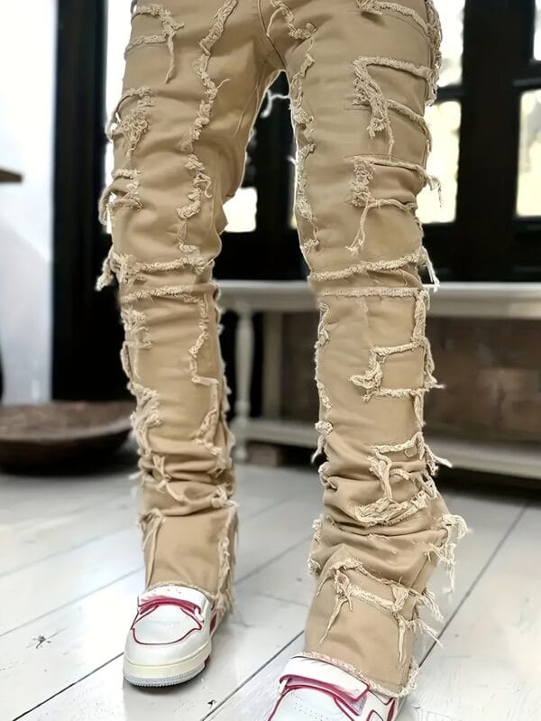 product-fancy-1f955b13-9249-4883-8950-5876572c098c Men's Solid Loose Fit Stacked Frayed Jeans, Chic Street Design Stylish Male Bottoms For All Seasons