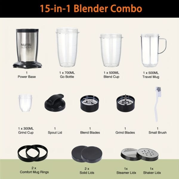Smoothie Blender, Blender for Shakes and Smoothies, 15pcs Personal Blender and Grinder Combo for Kitchen Single Serve Mixer Blender for Juices Youngsters Food Nutritious Recipe with Brush, Juicing Station|Modern Kitchen Appliance|Durable Construction