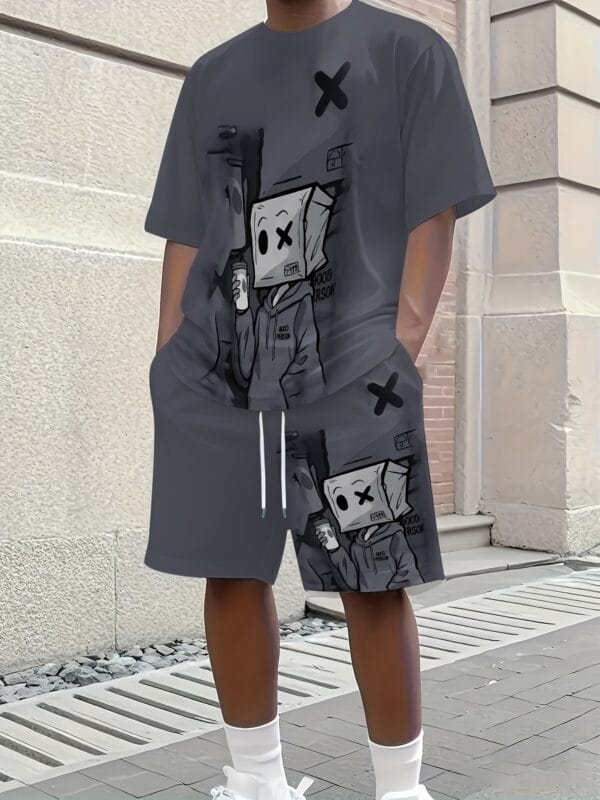 product-fancy-2107778b-978d-477a-a350-54a9909cbb6e Men'S Summer Cartoon Boxing Print Casual Outfit - Breathable Polyester Short Sleeve T-Shirt & Shorts, Machine Washable, Regular Fit Streetwear for All Seasons, Allseason Apparel | Playful Print Tee | Machine Washable Fabric, Boxer Shorts