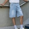 Men's Light Blue Denim Shorts - Non-Stretch Mid-Length Jeans with Frayed Edges & Pre-Worn Look, Button Closure Loose Fit Casual Streetwear for Everyday Outfits - All-Season Non-Stretch Jeans Shorts, Relaxed Style, Vintage Aesthetic, Quality Stitching, Urban Style