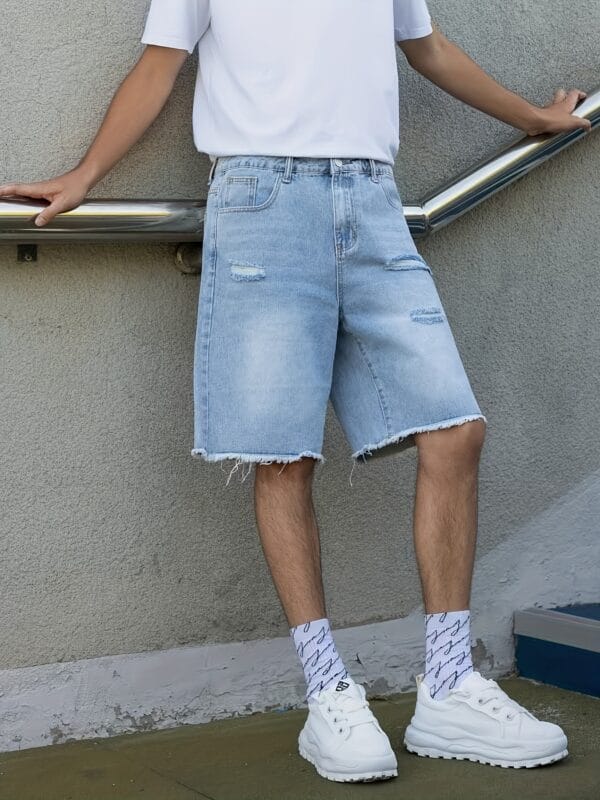 Men's Light Blue Denim Shorts - Non-Stretch Mid-Length Jeans with Frayed Edges & Pre-Worn Look, Button Closure Loose Fit Casual Streetwear for Everyday Outfits - All-Season Non-Stretch Jeans Shorts, Relaxed Style, Vintage Aesthetic, Quality Stitching, Urban Style