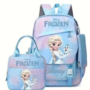 Disney Frozen Princess Elsa 3pcs Large Capacity Backpack Set - Durable Nylon with Zipper, Includes Lunch Bag Adjustable Straps, Animal Print, Great for Travel, Back to School Gift
