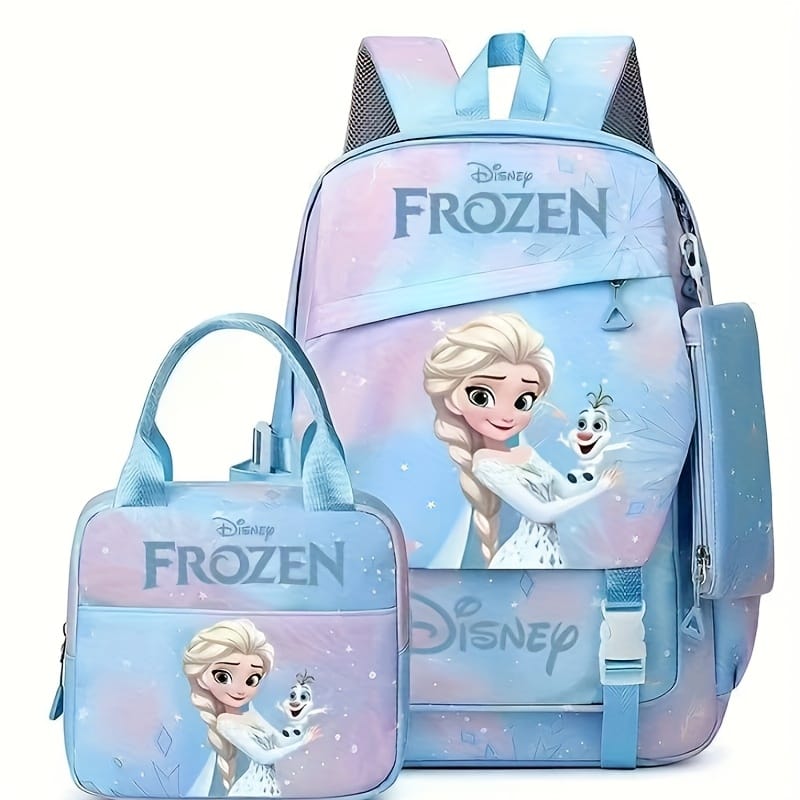 Disney Frozen Princess Elsa 3pcs Large Capacity Backpack Set - Durable Nylon with Zipper, Includes Lunch Bag Adjustable Straps, Animal Print, Great for Travel, Back to School Gift