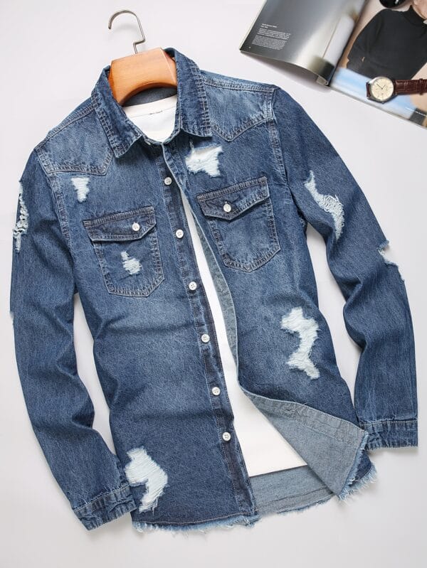 Men'S Distressed Denim Shirt - Blue Washed Jean Look, Casual Street Style, Non-Stretch Fabric, Regular Fit for Spring/Fall