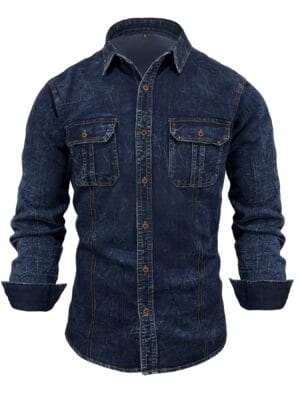 Men'S Slim-Fit Blue Denim Shirt with Double Pockets - Long Sleeve, Button-Up Casual Top for All Seasons, Versatile Fashion, Casual Wear|Slim Fit Shirt|Durable Fabric