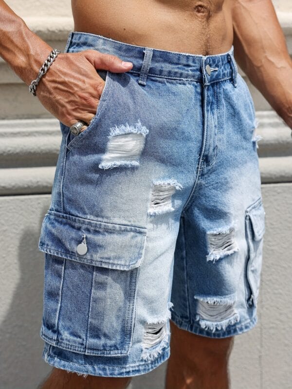 Men'S Loose-Fit Distressed Denim Shorts with Multiple Pockets - Casual Streetwear Style, Non-Stretch Fabric, Light Blue Washed Finish, Perfect for Summer Outings, Summer Shorts | Streetwear Shorts | Nonstretch Fabric