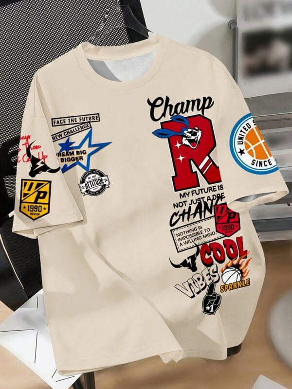 Men'S Fashion Graphic Print T-Shirt - "R" Letter Design with Basketball, Stars And Slogan, Casual Crew Neck, Short Sleeves, Summer Style, Polyester Blend, Everyday T-Shirt | Fashionable Casual Style | Machine Washable 1. Youth Casual Crew Neck T-Shirt, 100% Polyester Knit Fabric, Geometric Pattern, Loose Fit, Summer Graffiti Design Top, White, Sport