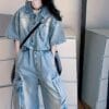 Fashionable Girls' Two-Piece Faux Denim Set, Short-Sleeve Jacket + Cargo Pants Outfit, 2025 New Arrival, Autumn And Winter Collection, Back-To-School Season Wear, Cool Style, Trendy And Versatile, for Outdoor