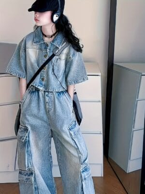 product-fancy-2424f7dd-e4a9-4dc8-ac6f-de98b004dcf5 Fashionable Girls' Two-Piece Faux Denim Set, Short-Sleeve Jacket + Cargo Pants Outfit, 2025 New Arrival, Autumn And Winter Collection, Back-To-School Season Wear, Cool Style, Trendy And Versatile, for Outdoor