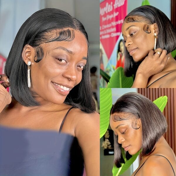 A 13X4 Lace Front Human Hair Wig Featuring a Short Straight Bob Style, Complete with Baby Hair And Pre-Plucked HD Lace. This Brazilian Remy Human Hair Wig for Women Has a Density of 150%.